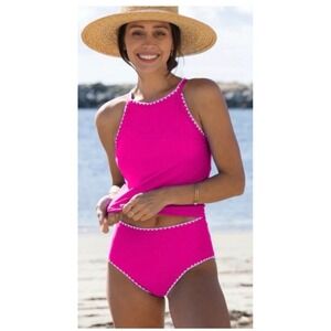 Beachsissi Hot Pink High Neck Scalloped Trim Bikini Top Womens Size Medium NEW